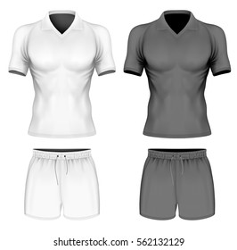 Short-sleeve polo-shirt on the men's sports figure and sport shorts. Black and white variants of sport clothes. Vector illustration. Fully editable handmade mesh.