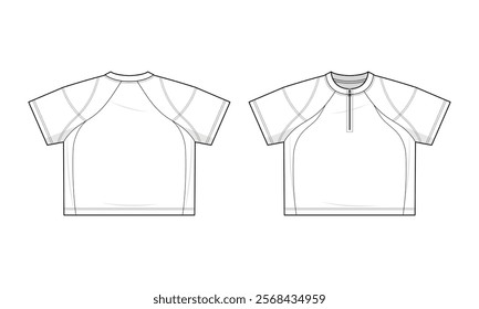 Short-Sleeve Quarter-Zip Athletic Tee technical fashion illustration. Performance Raglan Tee template illustration. Front and back view. Oversized. Drop shoulder. Unisex. White color. CAD mockup set.