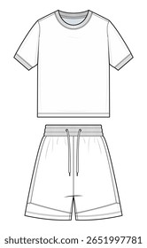 Men’s Short-Sleeve T-Shirt and Shorts Technical Fashion Flat. Casual Relaxed Fit Tee and Drawstring Shorts Vector Template. Front design. Minimal CAD Mockup set.