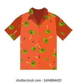 Short-sleeved summer shirt in orange. Ornament of palm trees and coconuts. Summer clothes. Isolated vector on white background
