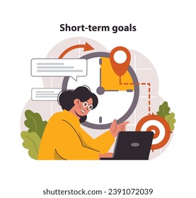 Short-term goals concept. Focused woman sets immediate objectives on her laptop, with a clock backdrop indicating time-sensitive tasks. Prompt action. Deadline adherence. Flat vector illustration