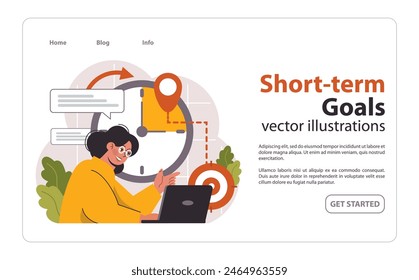 Short-term goals concept. Focused woman sets immediate objectives on her laptop, with a clock backdrop indicating time-sensitive tasks. Prompt action. Deadline adherence. Flat vector illustration