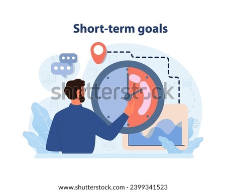 Short-term Goals concept. Man adjusting a giant clock, reflecting immediate tasks and deadlines. Time management. Achieving quick wins. Urgency awareness. Flat vector illustration