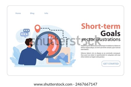 Short-term Goals concept. Man adjusting a giant clock, reflecting immediate tasks and deadlines. Time management. Achieving quick wins. Urgency awareness. Flat vector illustration