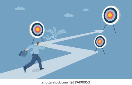 Short-term, medium-term and long-term business goals concept, Businessman running towards goal step by step, Corporate success target creation, Flat vector design illustration.
