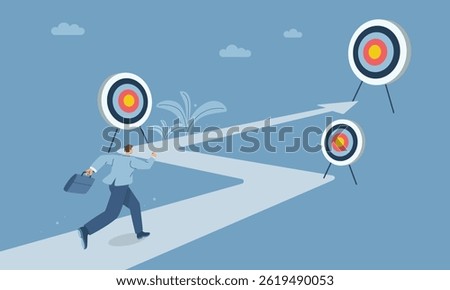 Short-term, medium-term and long-term business goals concept, Businessman running towards goal step by step, Corporate success target creation, Flat vector design illustration.

