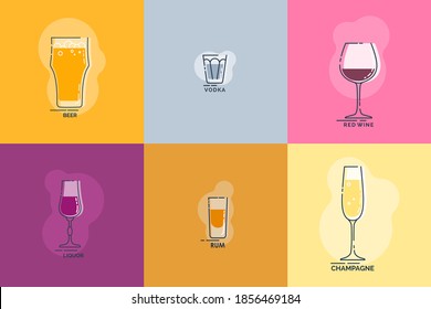 Shot beer, vodka, red wine, liquor, rum, champagne wineglass line art in flat style. Restaurant alcoholic illustration for celebration design. Beverage outline icon. Isolated contour object. Vector.