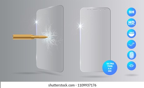 Shot a bullet in protective glass, a crack on glass. Vector screen protector film or glass cover isolated on grey background, mobile accessory.