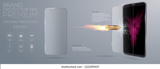 Shot a bullet in protective glass, a crack on glass. Vector screen protector film or glass cover isolated on grey background, mobile accessory.