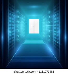 Shot of Corridor in Working Data Center Full of Rack Servers and Supercomputers.vector illustration