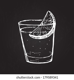 Shot of drink hand drawn on the chalkboard. Vector illustration of tequila, gin tonic or another alcohol.