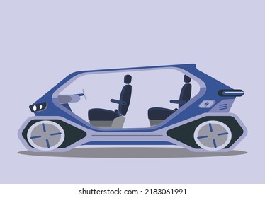 Shot of a Futuristic Self-Driving Van Moving on a Public Highway in a Modern City with Glass Skyscrapers. Beautiful Female and Senior Man are Having a Conversation in a Driverless Autonomous Vehicle.