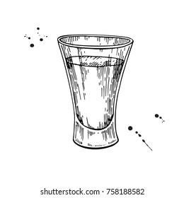 Shot glass drawing. Tequila, vodka, cocktail, alcohol drink vector illustration. Sketch object for bar or restaurant menu.