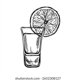 Vidro de tiro com bebida e cunha de limão pendurado na borda ilustração vetor preto e branco pintado por tintas pretas. Bebida alcoólica fresca com esboço cítrico para menu de bar, receita de coquetel, convite de festa.