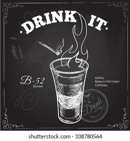 Shot glass with fire. Hand drawn illustration