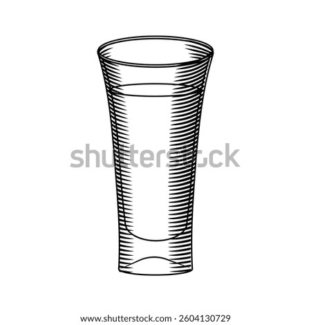 Shot glass with strong short drink vector illustration in sketch style. Hand drawn illustration of tequila or vodka serving on isolated background. Liqueur and aperitif line art.