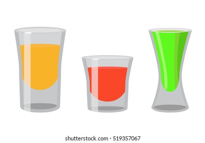 Shot Glasses With Golden Tequila, Rum, Brandy, Absent. Cocktail Shots For Bar, Pub, Restaurant. Flat Vector Style.