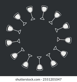 Shot glasses in trendy minimalistic Circle Frame border on dark background. Copy space Template idea