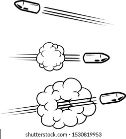 Shot from gun. Flying Bullet. Set Funny comic element. Cloud and smoke. Line and trace. Black and white Hand drawn shot. Cartoon illustration