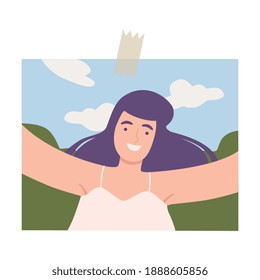 Shot of Happy Brunette Girl Taking Selfie Using Smartphone on Nature Landscape Cartoon Vector Illustration