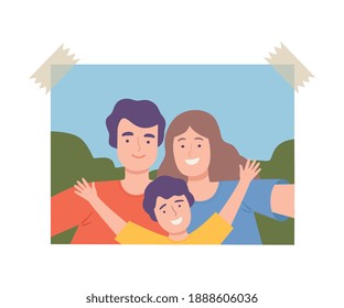 Imagen de feliz familia haciendo selfie usando Smartphone, padre, madre e hijo pasando tiempo juntos y fotografiando ilustración de vectores de caricaturas