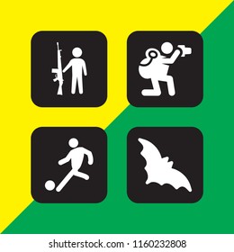 shot icon. 4 shot set with gun, kick, photographer and bat vector icons for web and mobile app