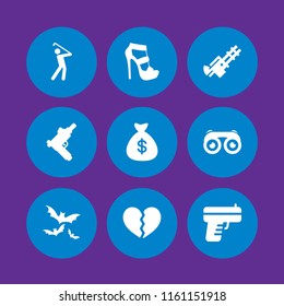 shot icon. 9 shot set with bat, gun, money bag with dollar symbol and strap platform heels vector icons for web and mobile app