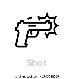 Icono de disparo. Esquema de vectores editable. Una pistola de línea delgada disparando un signo negro. Pictograma único.