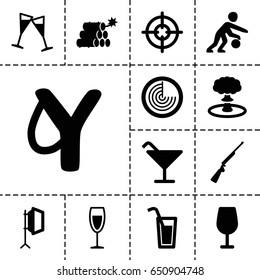 Shot icon. set of 13 filled shoticons such as radar, cocktail, wine glass, soft box, basketball player, cocktail, dynamite, explosion, hundting gun, sniper target