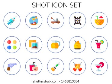 shot icon set. 15 flat shot icons.  Collection Of - injection, ammunition, cocktail, pictures, catapult, Cocktail, weapon, revolver, vaccine, darts