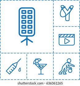 Shot icon. set of 6 shot outline icons such as injection rash, soft box, cocktail, basketball player, clapper board