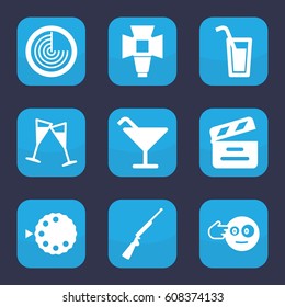 Shot icon. set of 9 filled shot icons such as radar, Cocktail, head bang emot, movie clapper, wine glass, soft box, camera mode, cocktail