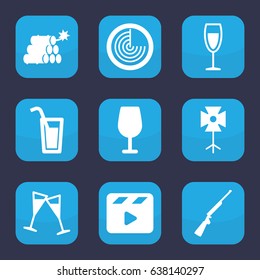 Shot icon. set of 9 filled shot icons such as radar, cocktail, movie clapper, wine glass, soft box, cocktail, dynamite