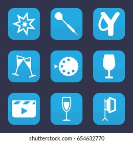 Shot icon. set of 9 filled shot icons such as cocktail, wine glass, soft box, camera mode, dart, explosion, clapper board