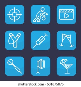 shot icon. Set of 9 outline shot icons such as syringe, wine glass, soft box, cocktail, sniper target, dart, basketball player, clapper board
