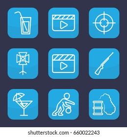 Shot icon. set of 9 outline shot icons such as movie clapper, soft box, cocktail, smoking can, hundting gun, sniper target, basketball player