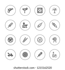 Shot icon set. collection of 16 outline shot icons with aperture, archery, cocktail, catapult, diaphragm, no weapons, pistol, syringe, shutter, whiskey, vaccination icons.