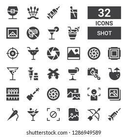 shot icon set. Collection of 32 filled shot icons included Vaccine, Archery, Image, Focus, Martini, Needle, Images, Shutter, Cocktail, Camera lens, Pistol, Diaphragm, Shooter