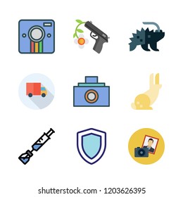 shot icon set. vector set about gun, photo camera, side view and video camera icon icons set.