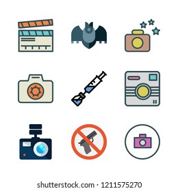 shot icon set. vector set about bat, clapperboard, syringe and photo camera icons set.