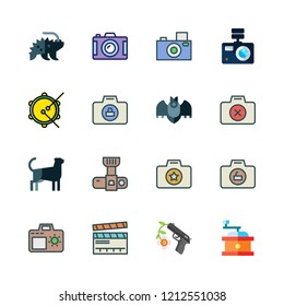 shot icon set. vector set about tambourine, porcupine, photo camera and clapperboard icons set.