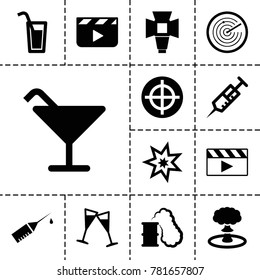 Shot Icons. Set Of 13 Editable Filled Shot Icons Such As Cocktail, Clapper Board, Target, Syringe, Injection Rash, Wine Glass, Soft Box, Cocktail, Explosion, Smoking Can