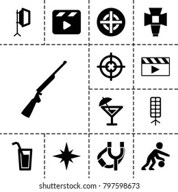 Shot icons. set of 13 editable filled shot icons such as movie clapper, soft box, basketball player, cocktail, hundting gun, sniper target, explosion, clapper board, sligshot