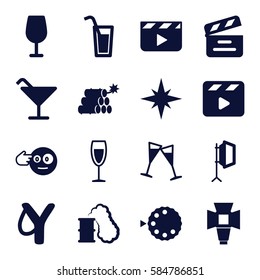 Shot Icons Set. Set Of 16 Shot Filled Icons Such As Cocktail, Head Bang Emot, Movie Clapper, Wine Glass, Soft Box, Camera Mode, Cocktail, Dynamite, Explosion, Smoking Can