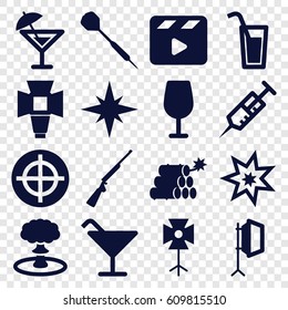 Shot icons set. set of 16 shot filled icons such as Cocktail, syringe, movie clapper, soft box, dart, cocktail, dynamite, explosion, hundting gun