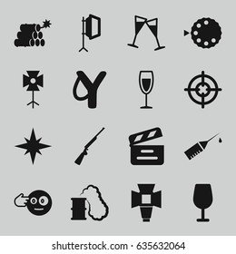 Shot Icons Set. Set Of 16 Shot Filled Icons Such As Cocktail, Head Bang Emot, Movie Clapper, Injection Rash, Wine Glass, Soft Box, Camera Mode, Dynamite, Explosion