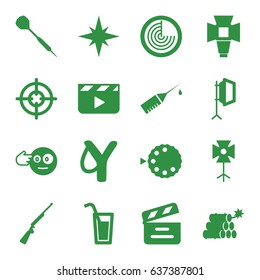 Shot icons set. set of 16 shot filled icons such as radar, head bang emot, movie clapper, injection rash, soft box, camera mode, dart, cocktail, dynamite, explosion