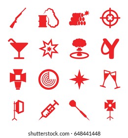 Shot Icons Set. Set Of 16 Shot Filled Icons Such As Radar, Cocktail, Syringe, Wine Glass, Soft Box, Dart, Dynamite, Explosion, Smoking Can, Hundting Gun, Sniper Target