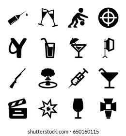 Shot icons set. set of 16 shot filled icons such as cocktail, syringe, movie clapper, injection rash, wine glass, soft box, basketball player, cocktail, explosion