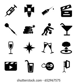 Shot icons set. set of 16 shot filled icons such as cocktail, head bang emot, syringe, movie clapper, injection rash, wine glass, soft box, dart, basketball player, cocktail